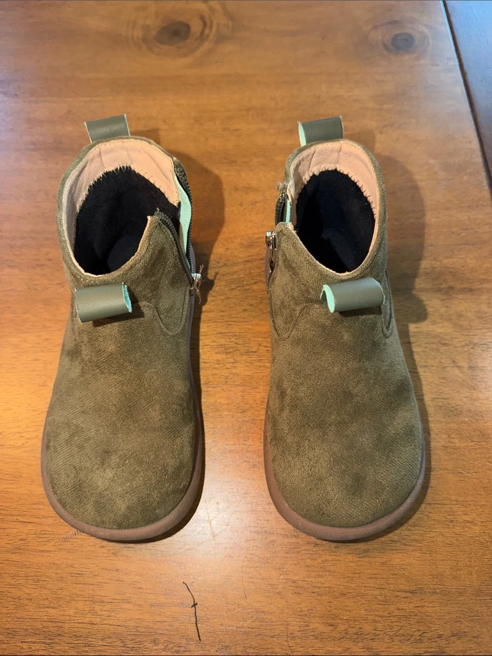 Kids Olive Green Suede Ankle Boots - Comfortable Zip Design